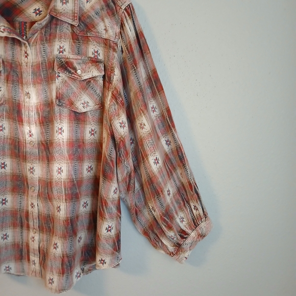 Ivy Jane Multicolor Plaid Shirt Pearl Snap Balloon Sleeves Size Large Western - Picture 6 of 12